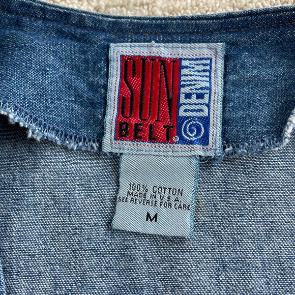 🔥VTG 90s Sunbelt Denim Vest Western Boho Ethnic Feathers print Patched Chains M - Picture 11 of 16